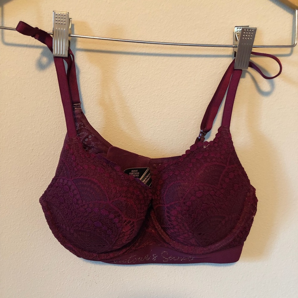Victoria’s Secret VS 34B Lace and Shine Logo Lightly Lined Demi Maroon Red Bra